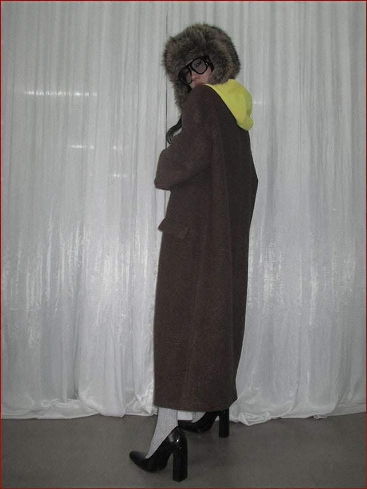 FOURFORTY Colorblock Hooded Single Breasted Women's Wool Blend Long Coats