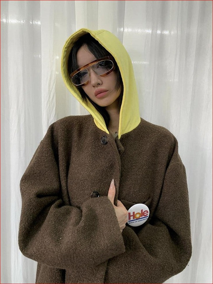 FOURFORTY Colorblock Hooded Single Breasted Women's Wool Blend Long Coats