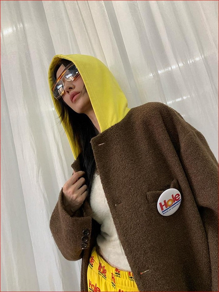 FOURFORTY Colorblock Hooded Single Breasted Women's Wool Blend Long Coats