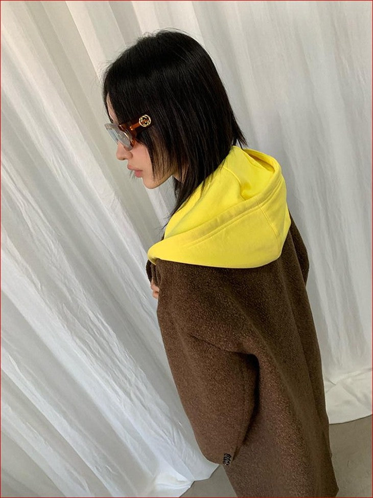 FOURFORTY Colorblock Hooded Single Breasted Women's Wool Blend Long Coats