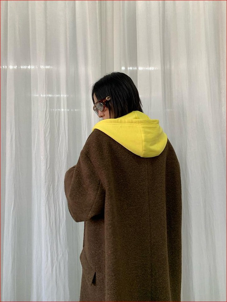 FOURFORTY Colorblock Hooded Single Breasted Women's Wool Blend Long Coats