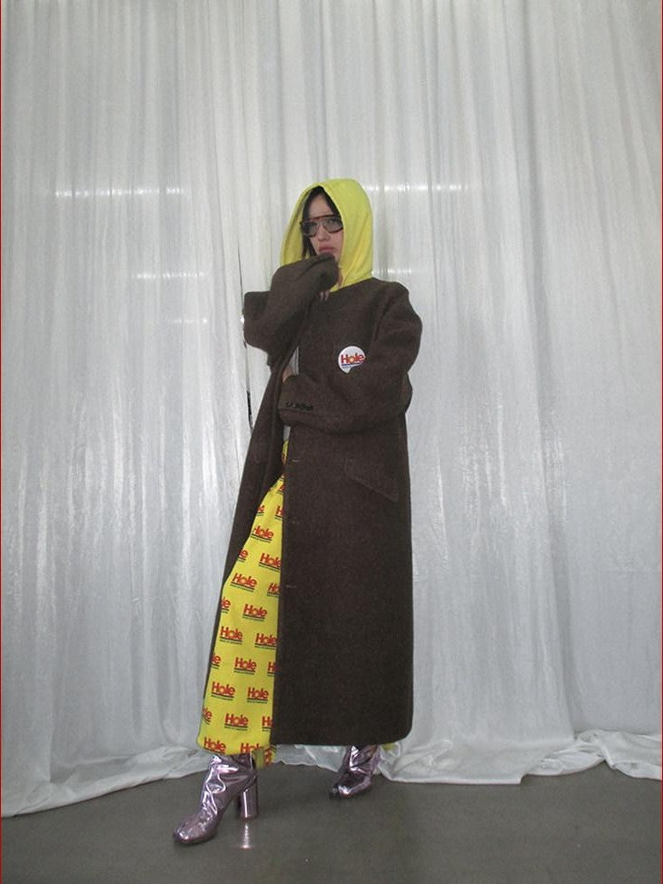FOURFORTY Colorblock Hooded Single Breasted Women's Wool Blend Long Coats