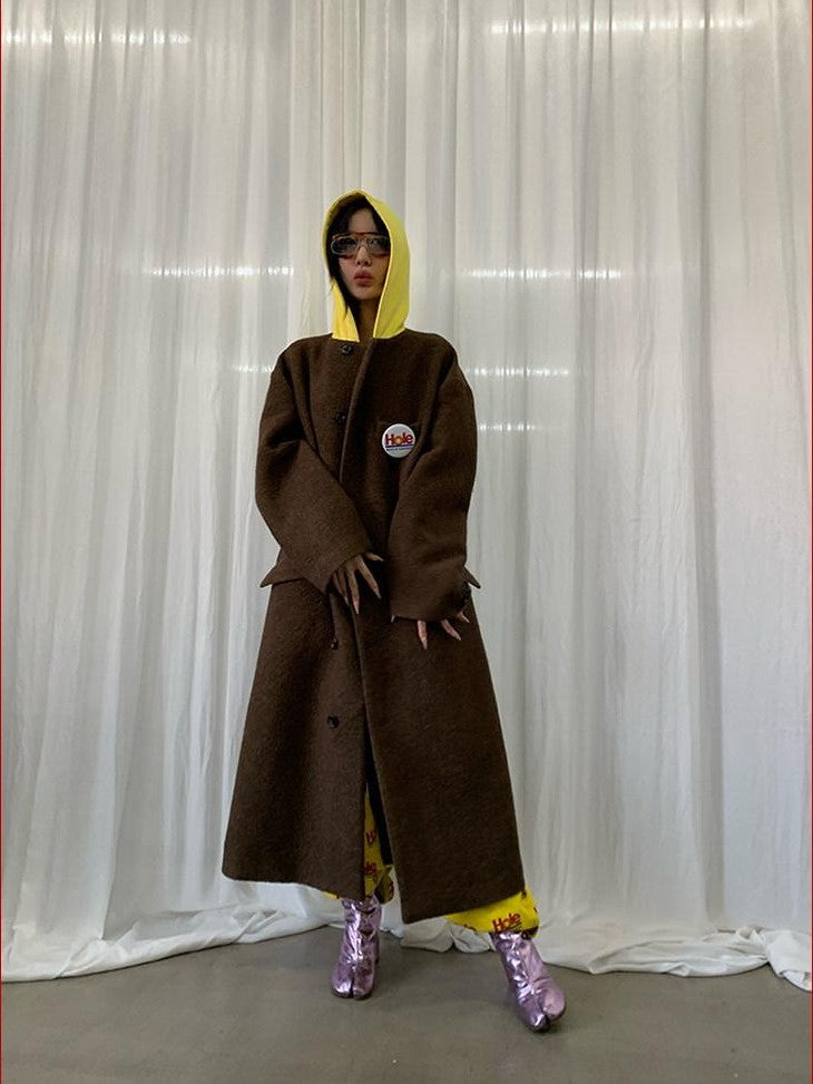 FOURFORTY Colorblock Hooded Single Breasted Women's Wool Blend Long Coats