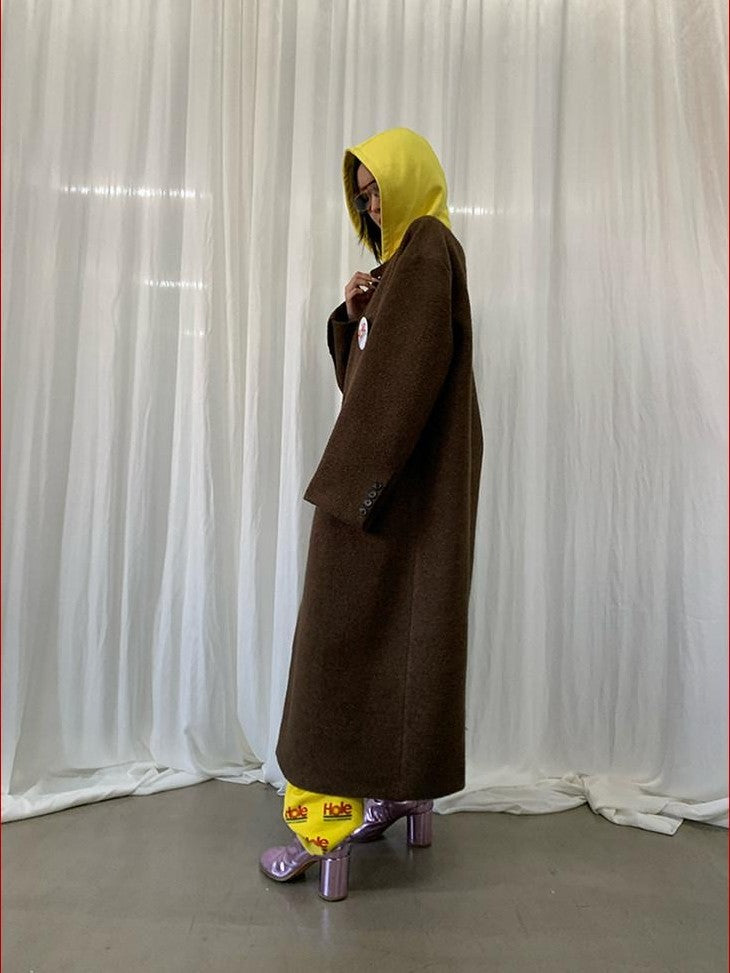 FOURFORTY Colorblock Hooded Single Breasted Women's Wool Blend Long Coats