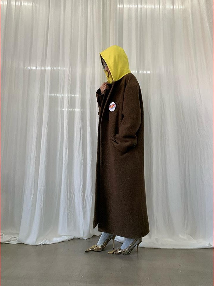 FOURFORTY Colorblock Hooded Single Breasted Women's Wool Blend Long Coats