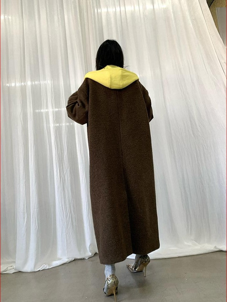 FOURFORTY Colorblock Hooded Single Breasted Women's Wool Blend Long Coats