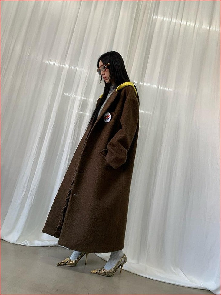 FOURFORTY Colorblock Hooded Single Breasted Women's Wool Blend Long Coats