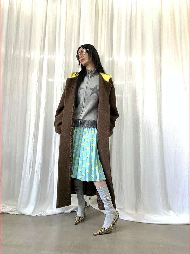 FOURFORTY Colorblock Hooded Single Breasted Women's Wool Blend Long Coats