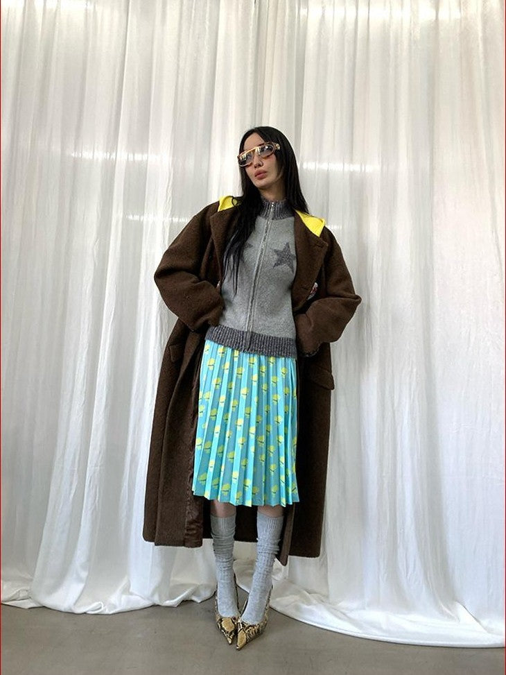 FOURFORTY Colorblock Hooded Single Breasted Women's Wool Blend Long Coats