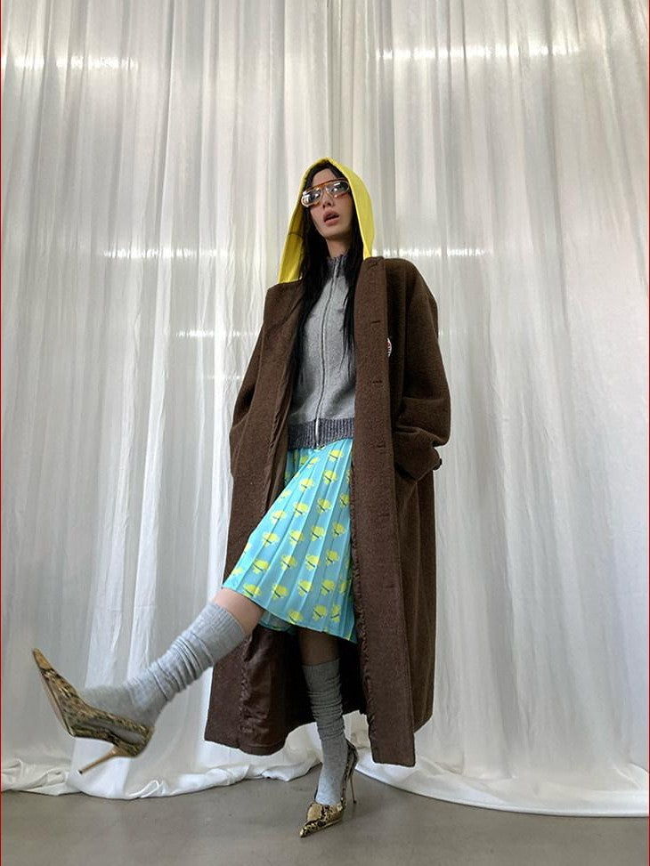 FOURFORTY Colorblock Hooded Single Breasted Women's Wool Blend Long Coats