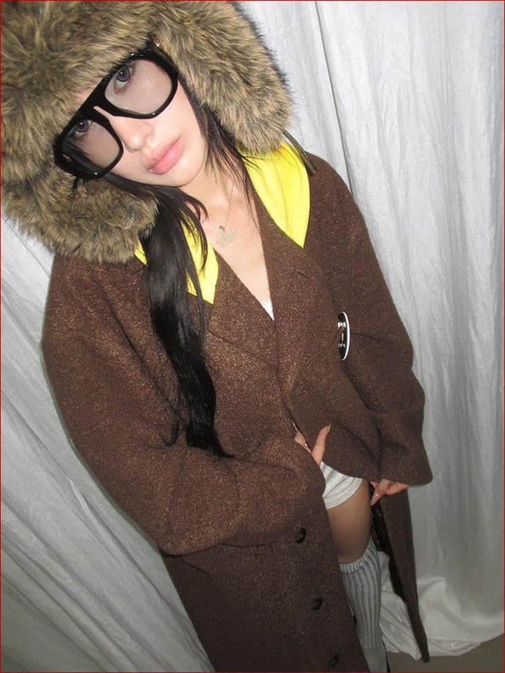 FOURFORTY Colorblock Hooded Single Breasted Women's Wool Blend Long Coats