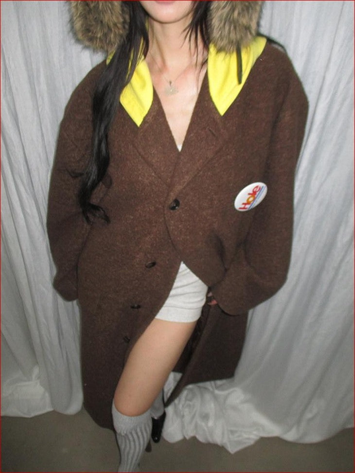 FOURFORTY Colorblock Hooded Single Breasted Women's Wool Blend Long Coats