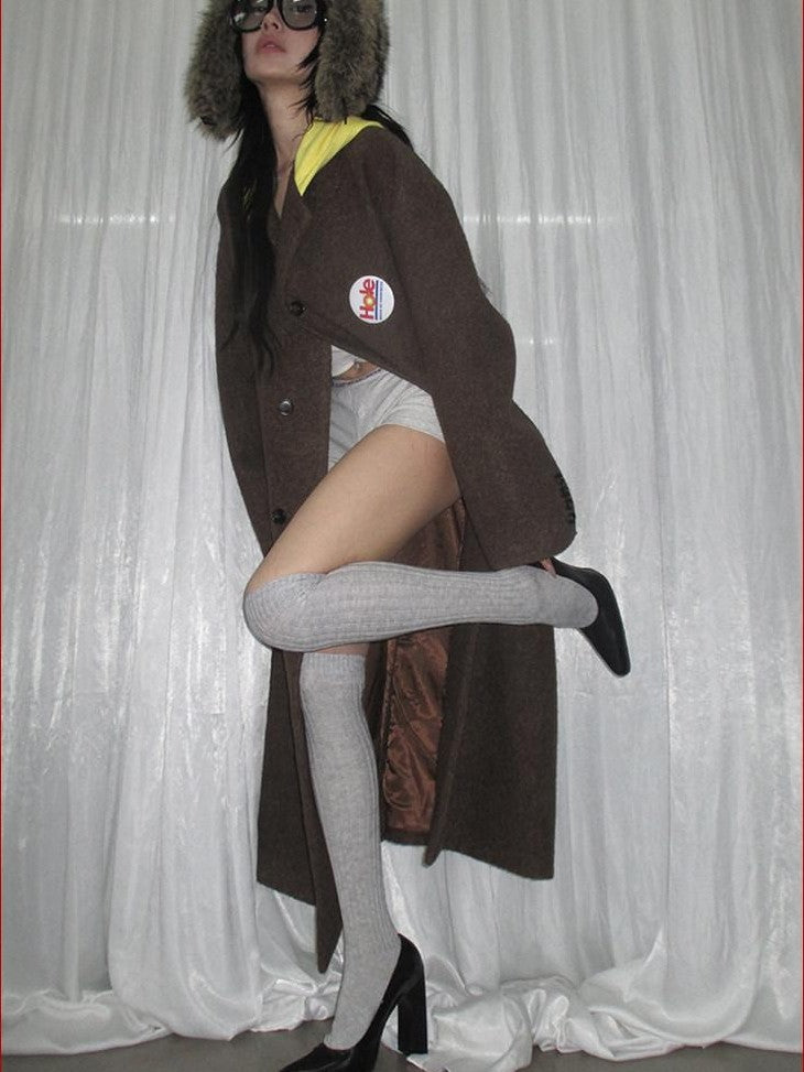 FOURFORTY Colorblock Hooded Single Breasted Women's Wool Blend Long Coats