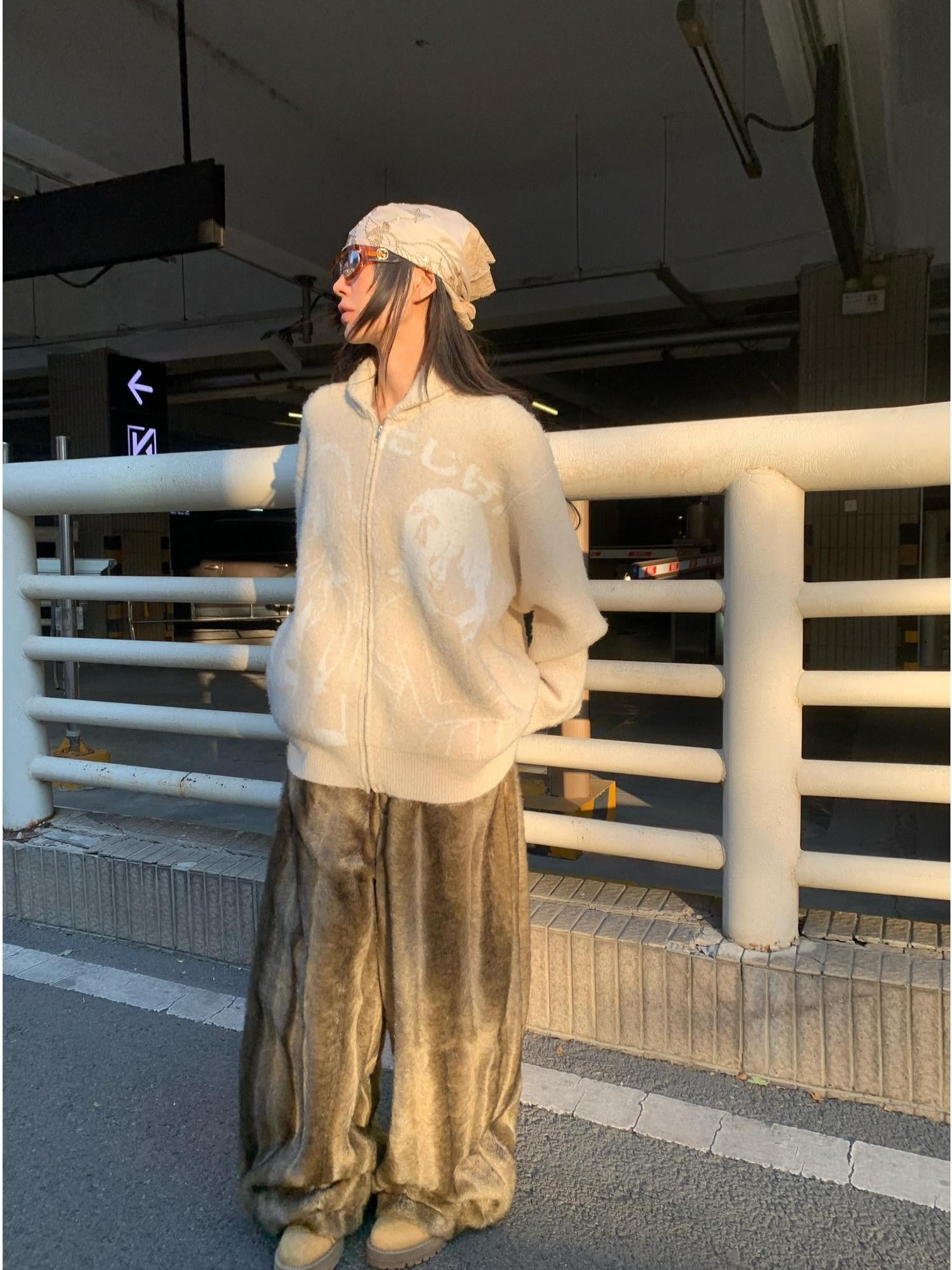 FOURFORTY Crew Neck Open Front Knitted Sweater Women's Wool Blend Cardigans