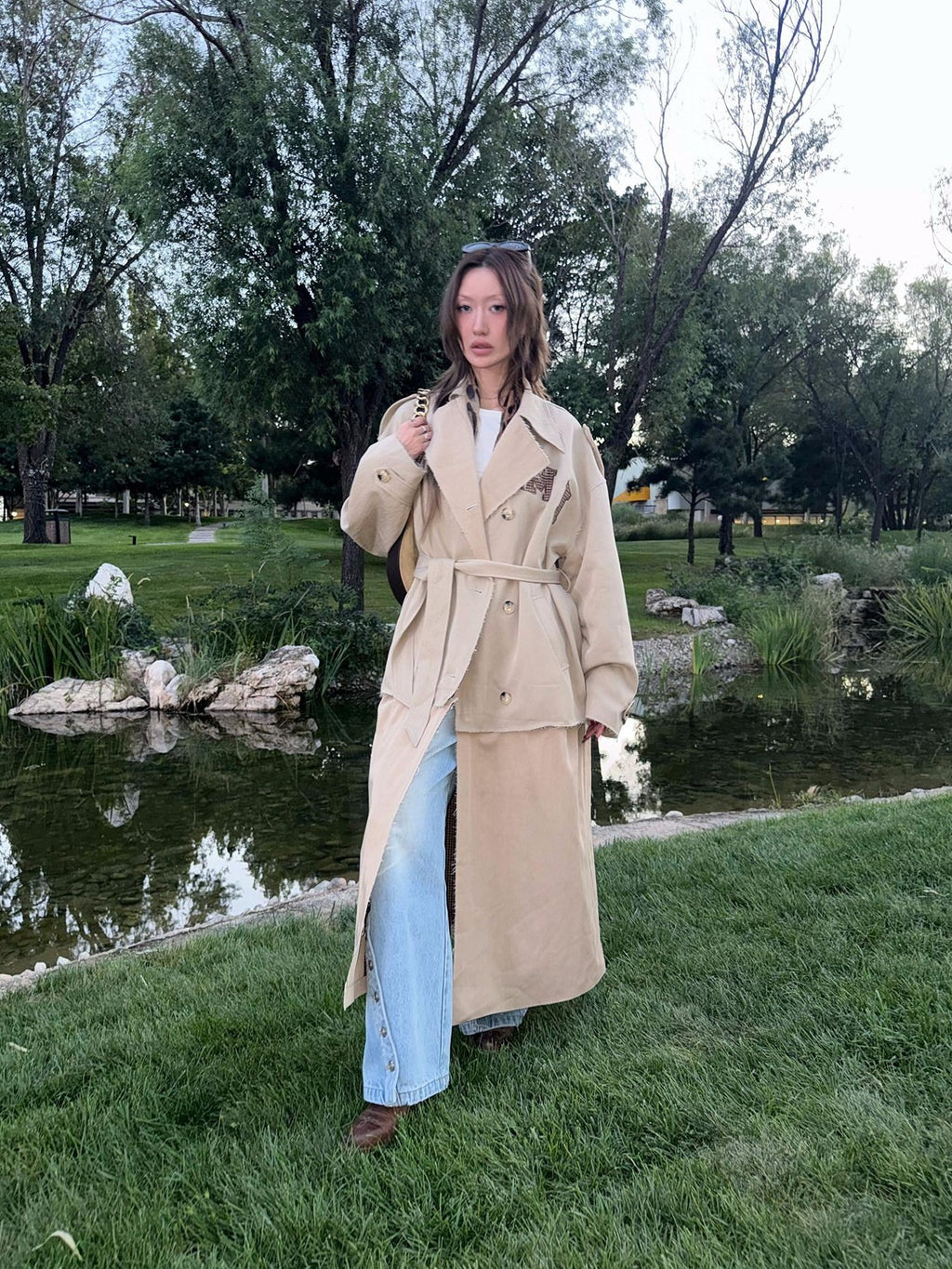 FOURFORTY Crisp Tailored Structured Detachable Women's Khaki Trench Coats