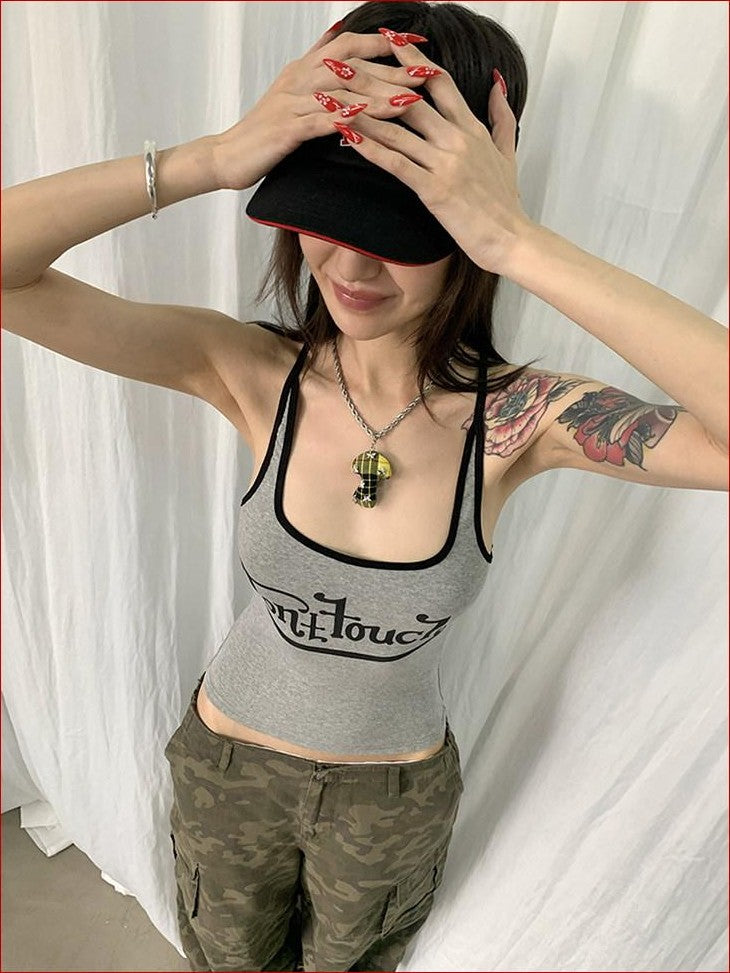FOURFORTY Cropped American Retro Colorblock Letter Print Women's Cotton Blend Camisoles