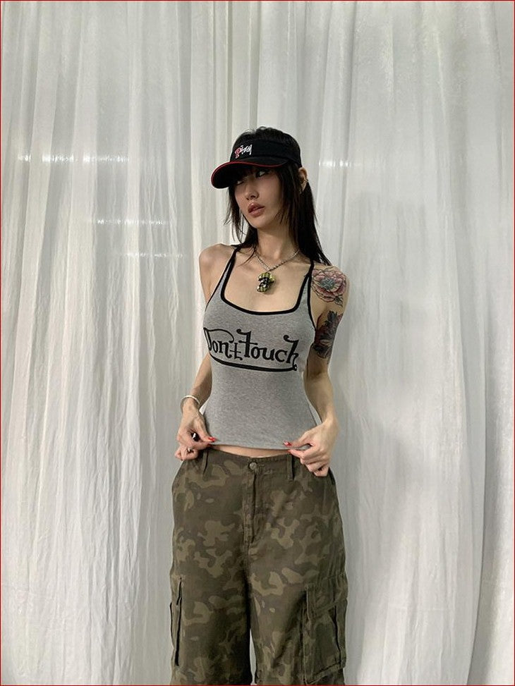 FOURFORTY Cropped American Retro Colorblock Letter Print Women's Cotton Blend Camisoles