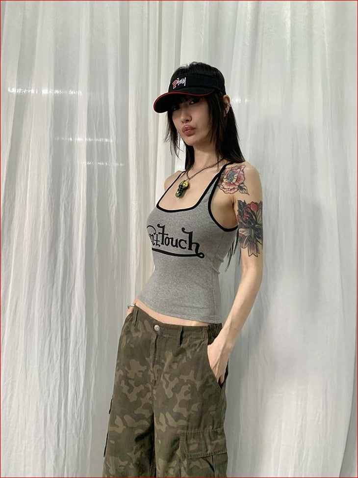 FOURFORTY Cropped American Retro Colorblock Letter Print Women's Cotton Blend Camisoles