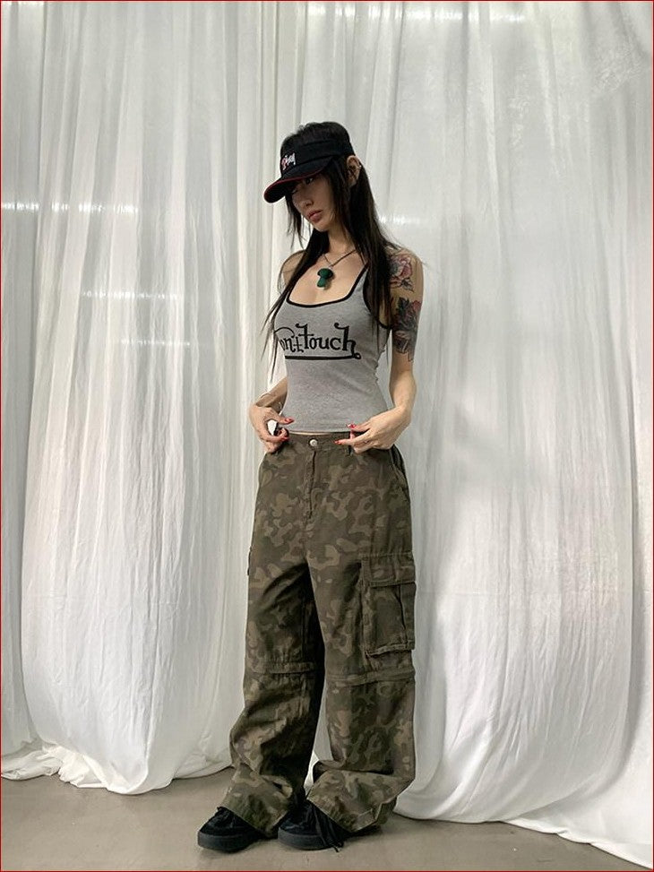 FOURFORTY Cropped American Retro Colorblock Letter Print Women's Cotton Blend Camisoles