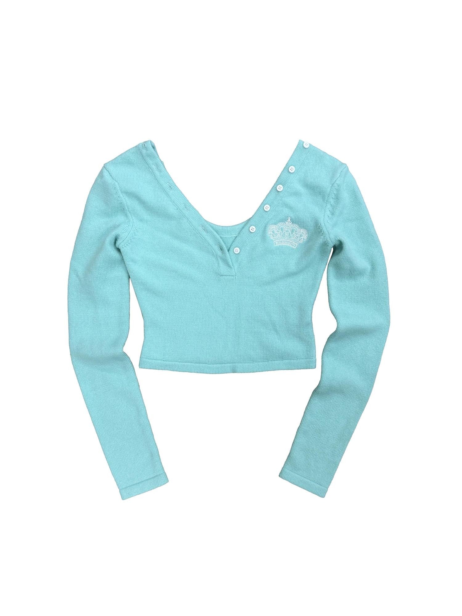 FOURFORTY Cropped Slim Fit V-neck U Back Exposed Buttoned Women's Wool Sweaters