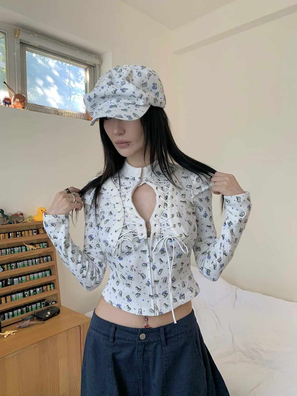 FOURFORTY Cute Lace Up Print Court Women's Cotton Long Sleeve T-shirts