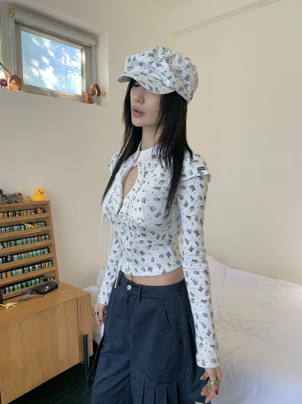 FOURFORTY Cute Lace Up Print Court Women's Cotton Long Sleeve T-shirts