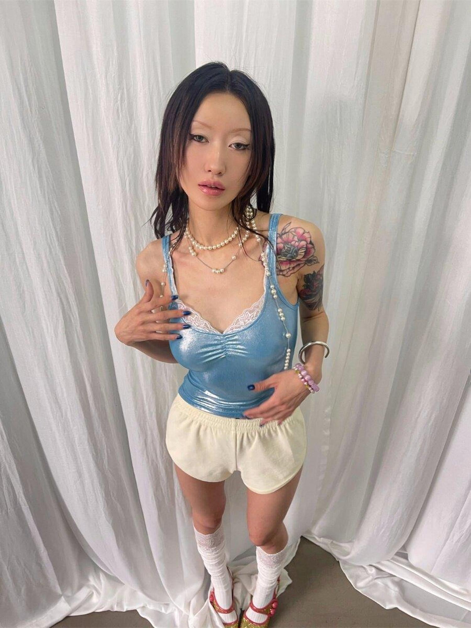 FOURFORTY Disco Laser Ruched Slim Fit Women's Polyester Blend Lace Camisoles