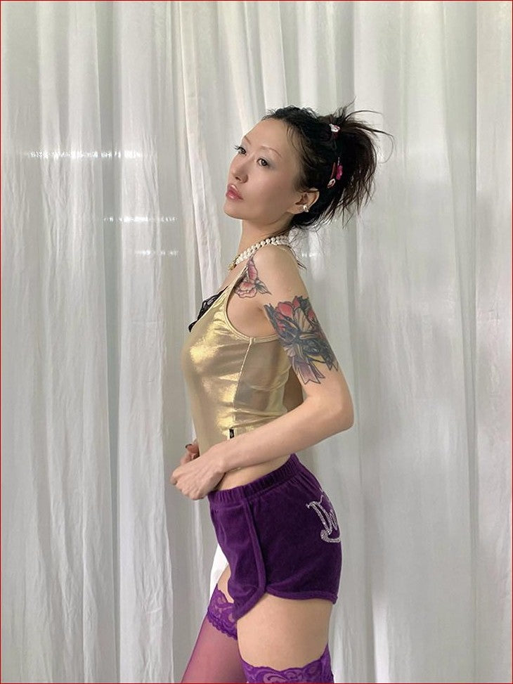 FOURFORTY Disco Laser Ruched Slim Fit Women's Polyester Blend Lace Camisoles