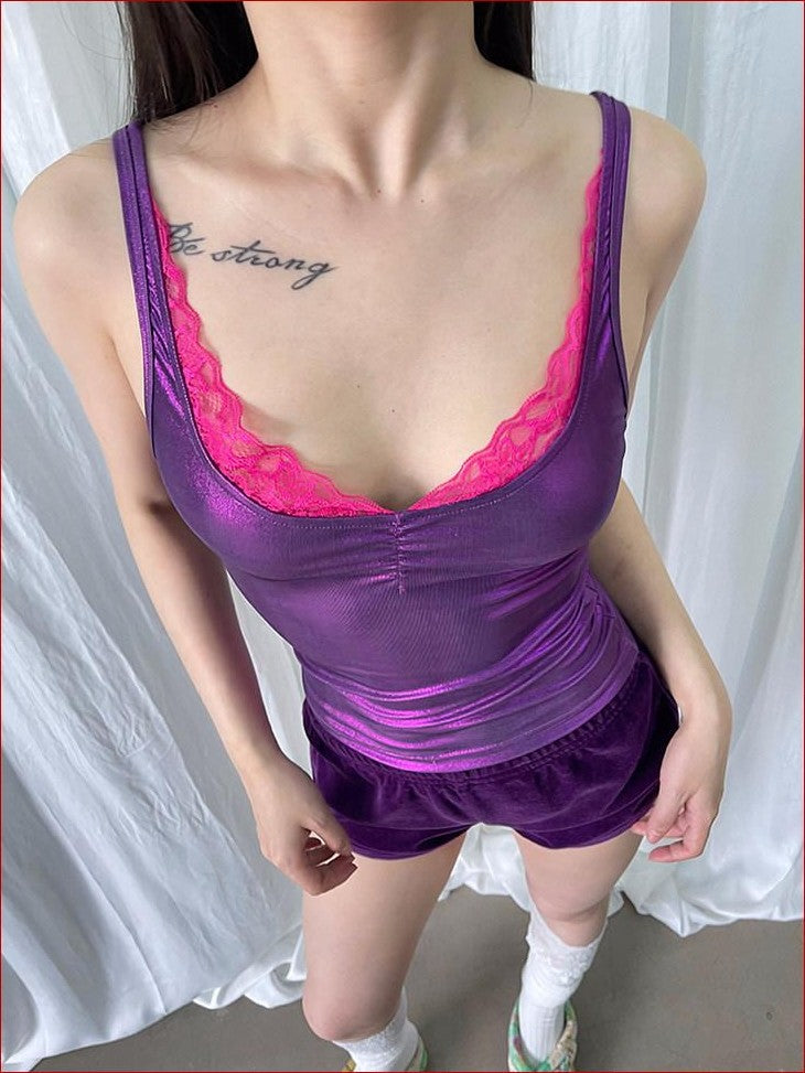 FOURFORTY Disco Laser Ruched Slim Fit Women's Polyester Blend Lace Camisoles