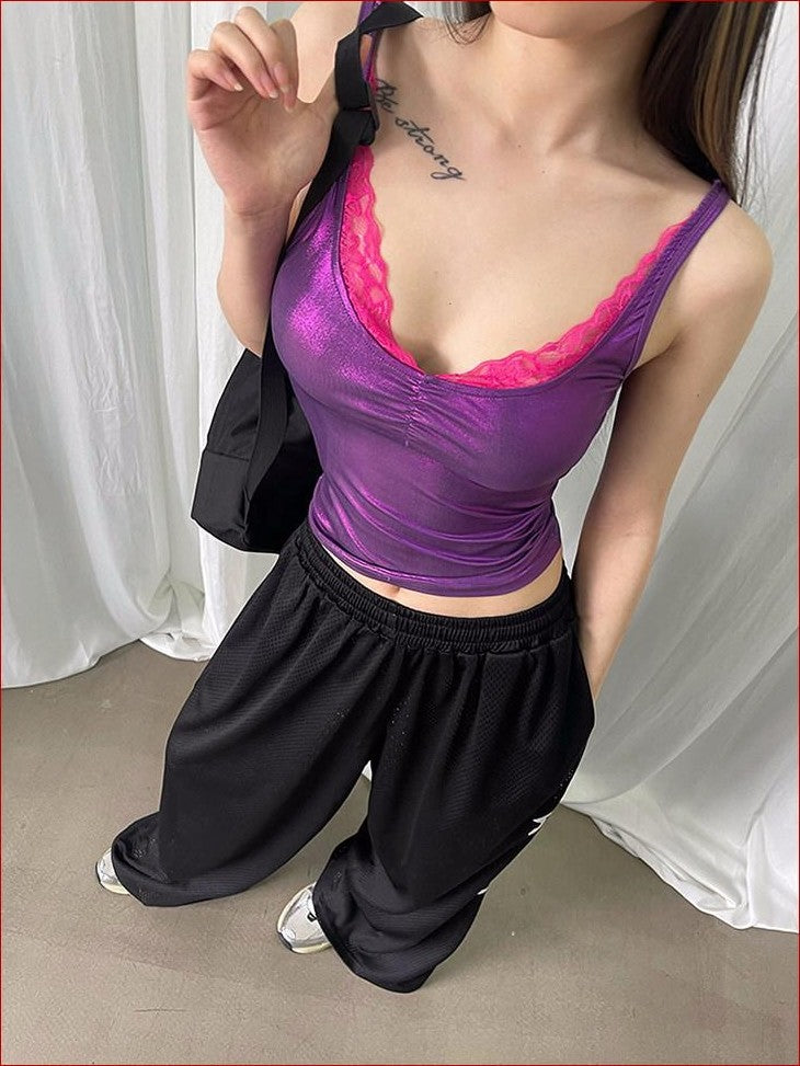 FOURFORTY Disco Laser Ruched Slim Fit Women's Polyester Blend Lace Camisoles