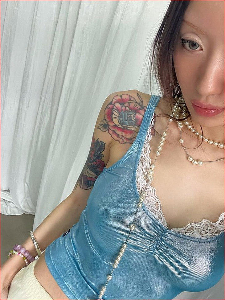 FOURFORTY Disco Laser Ruched Slim Fit Women's Polyester Blend Lace Camisoles