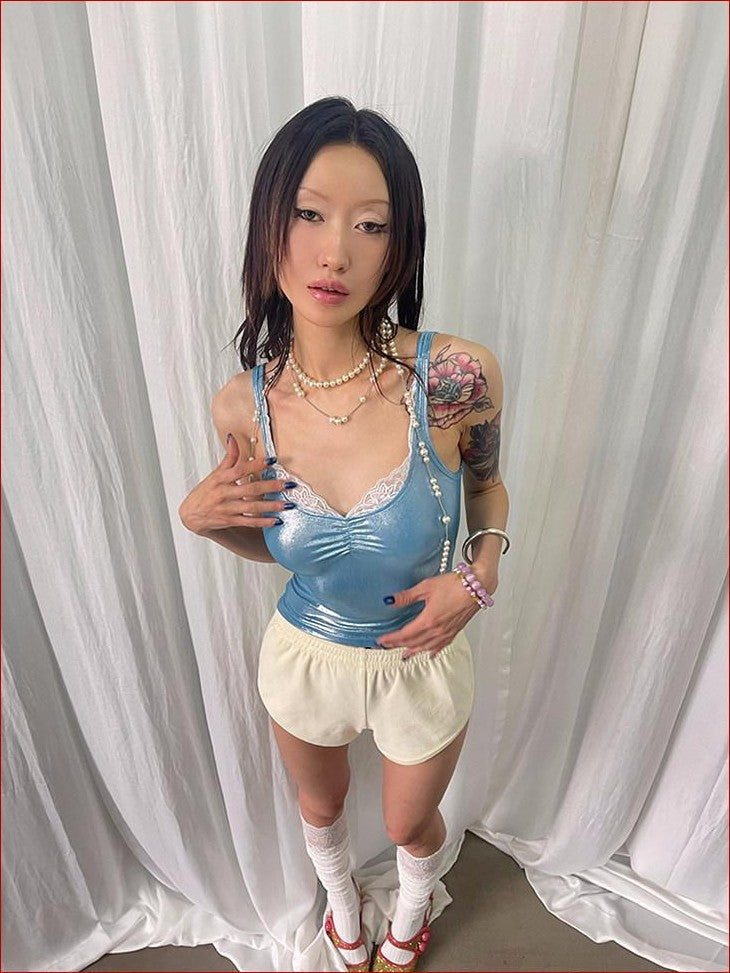 FOURFORTY Disco Laser Ruched Slim Fit Women's Polyester Blend Lace Camisoles