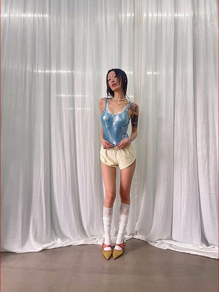 FOURFORTY Disco Laser Ruched Slim Fit Women's Polyester Blend Lace Camisoles