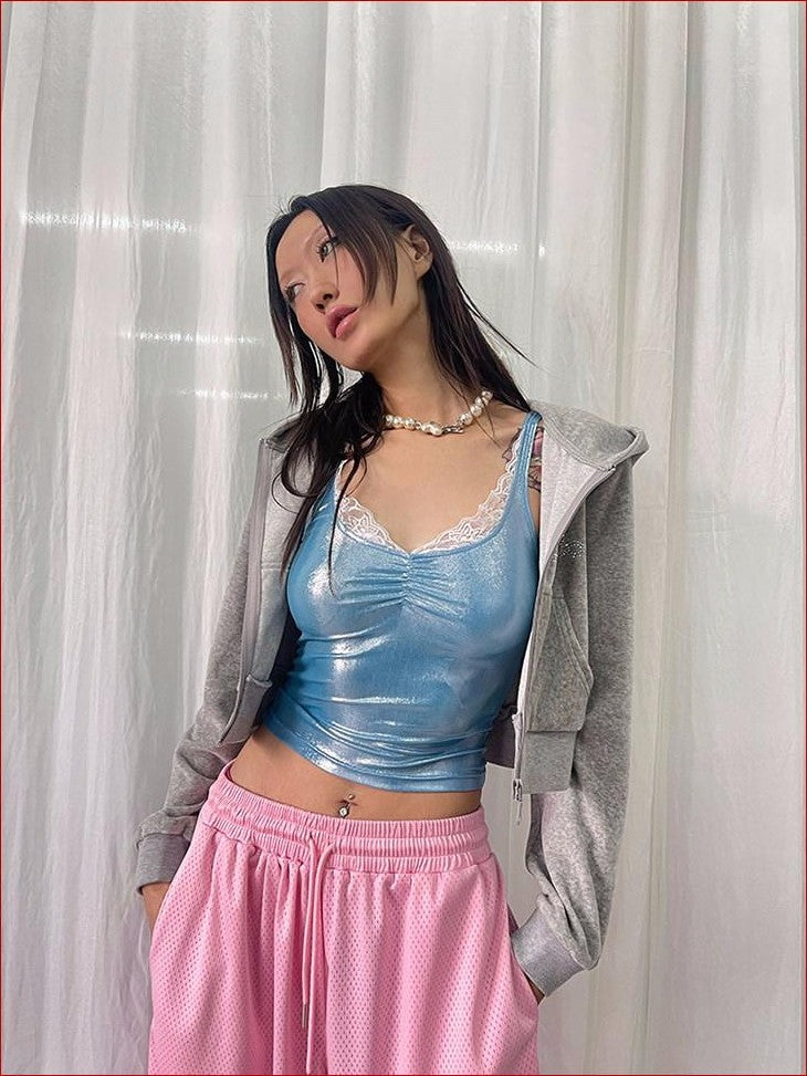 FOURFORTY Disco Laser Ruched Slim Fit Women's Polyester Blend Lace Camisoles