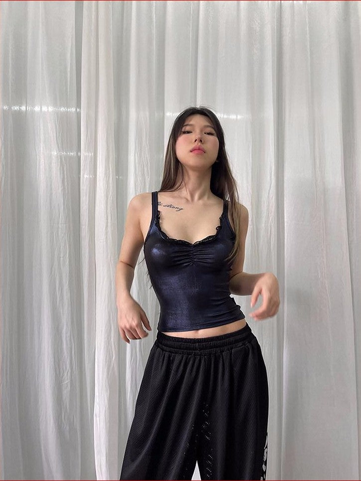 FOURFORTY Disco Laser Ruched Slim Fit Women's Polyester Blend Lace Camisoles