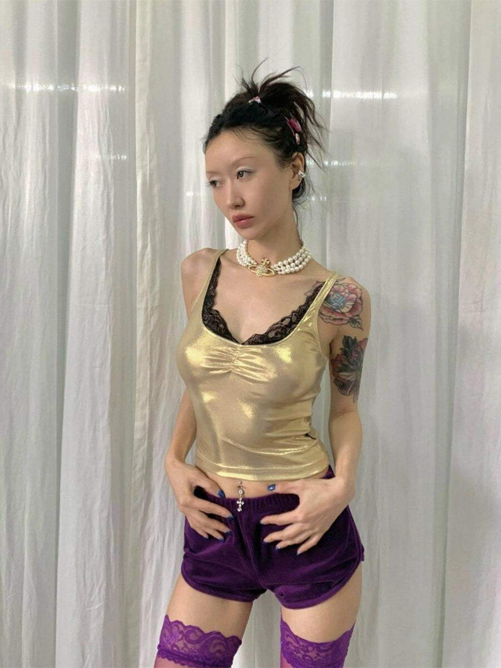 FOURFORTY Disco Laser Ruched Slim Fit Women's Polyester Blend Lace Camisoles