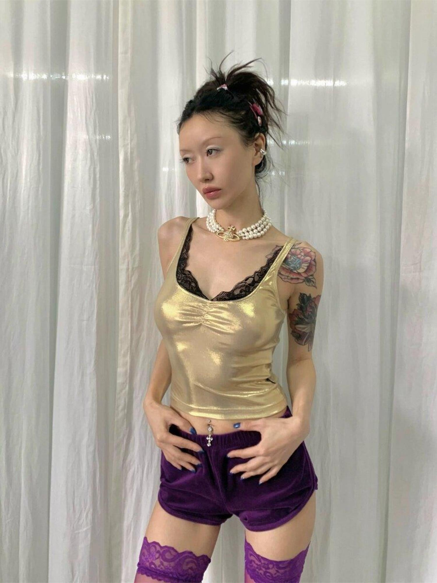 FOURFORTY Disco Laser Ruched Slim Fit Women's Polyester Blend Lace Camisoles
