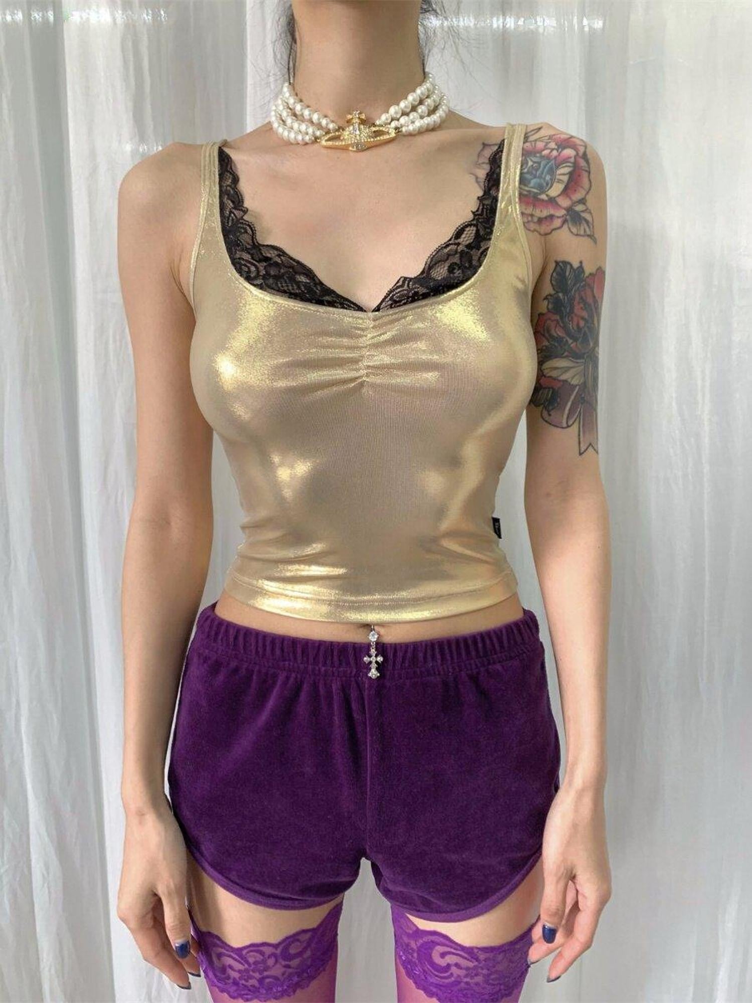 FOURFORTY Disco Laser Ruched Slim Fit Women's Polyester Blend Lace Camisoles