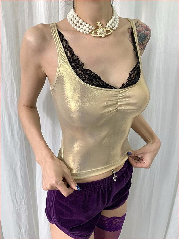 FOURFORTY Disco Laser Ruched Slim Fit Women's Polyester Blend Lace Camisoles