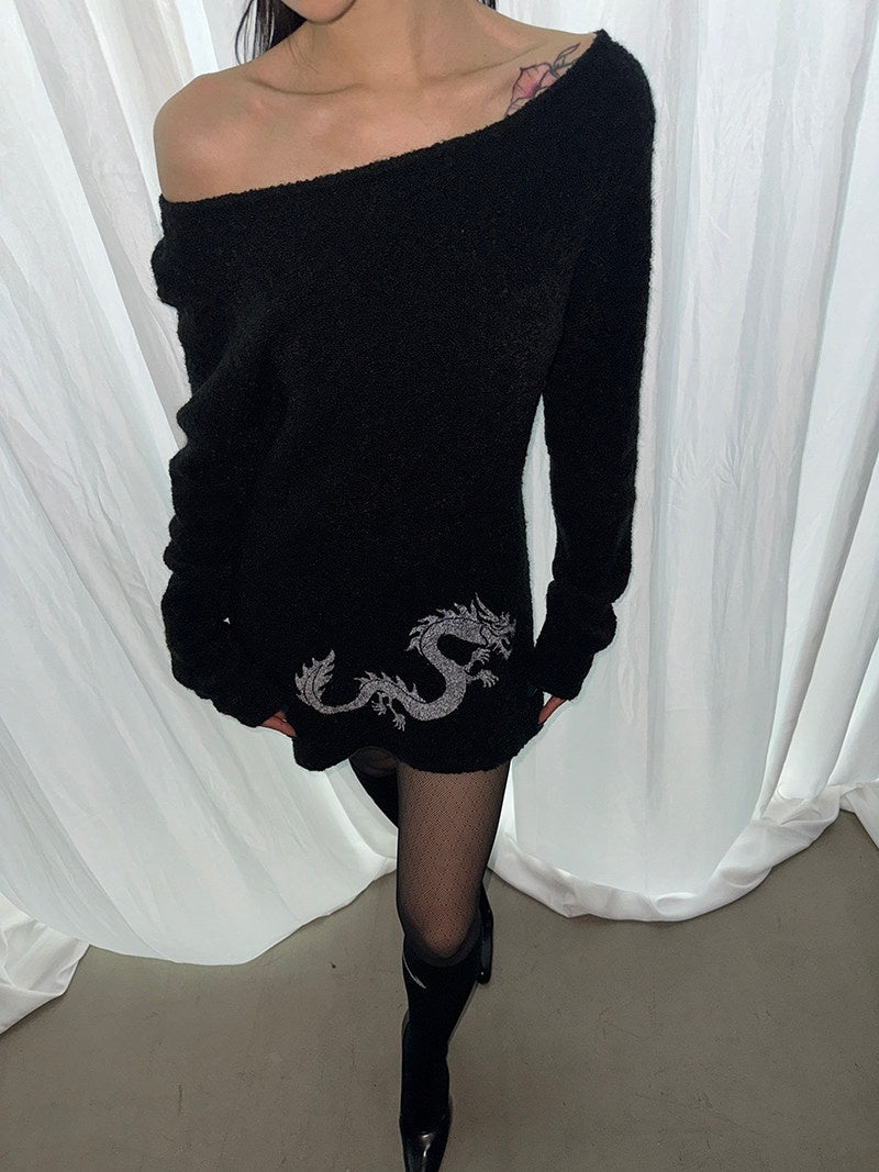 FOURFORTY_Dragon_Girl_Pattern_Off_Shoulder_Loop_Knit_Skin_Friendly_Women's_Sweaters_752594485842_MISSTT