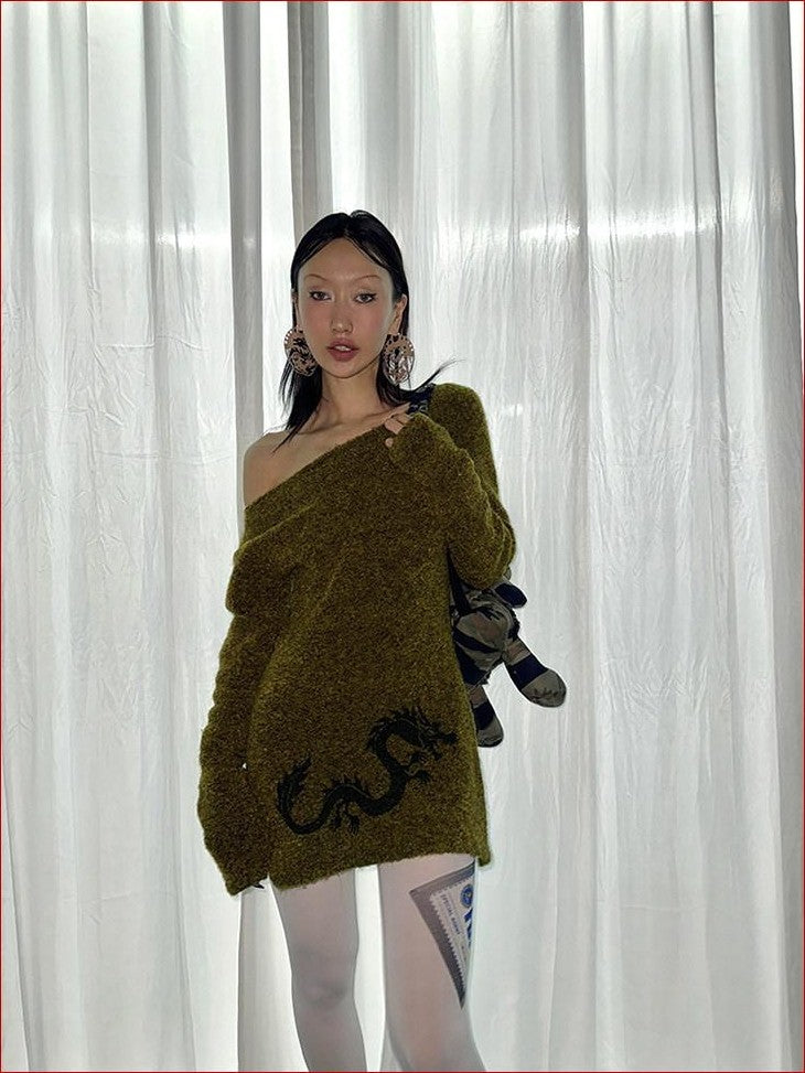 FOURFORTY Dragon Girl Pattern Off Shoulder Loop Knit Skin Friendly Women's Sweaters
