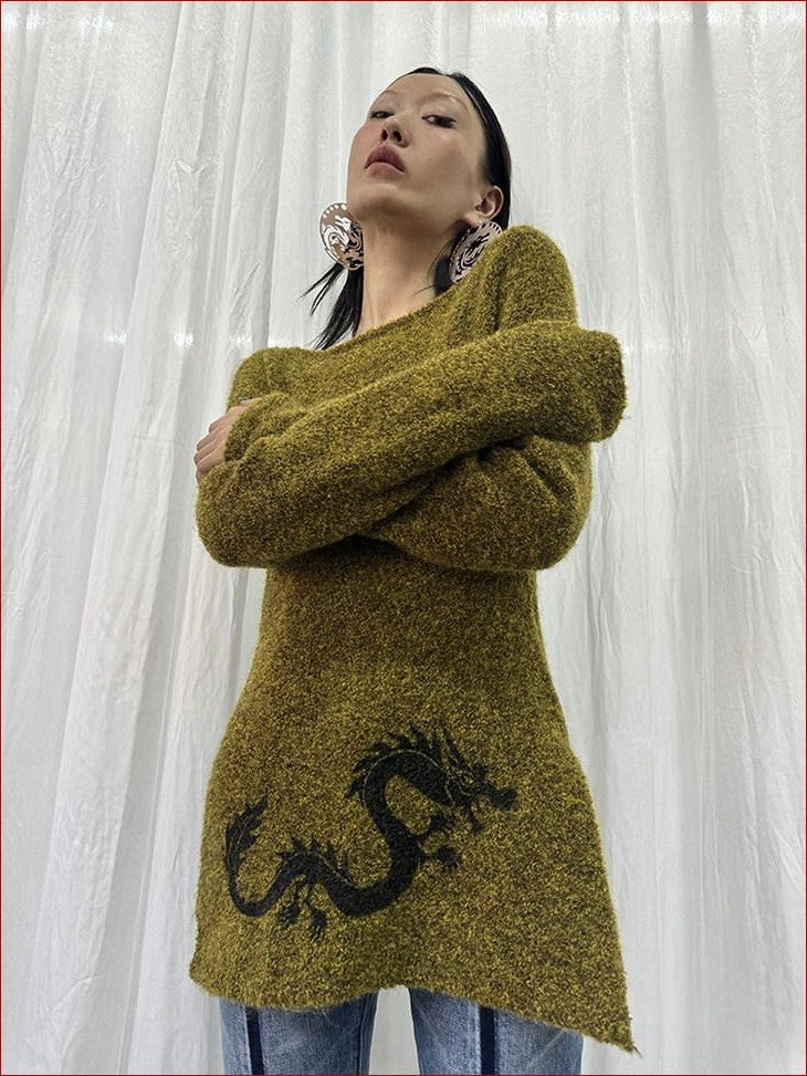 FOURFORTY Dragon Girl Pattern Off Shoulder Loop Knit Skin Friendly Women's Sweaters