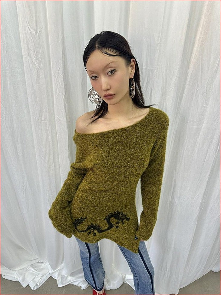 FOURFORTY Dragon Girl Pattern Off Shoulder Loop Knit Skin Friendly Women's Sweaters