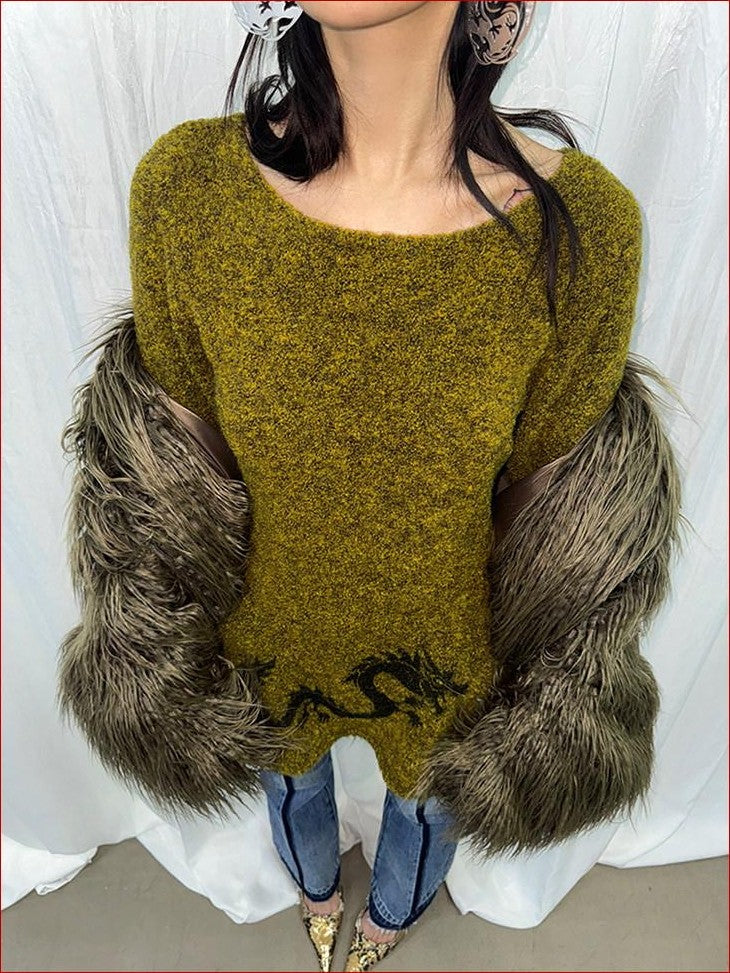FOURFORTY Dragon Girl Pattern Off Shoulder Loop Knit Skin Friendly Women's Sweaters