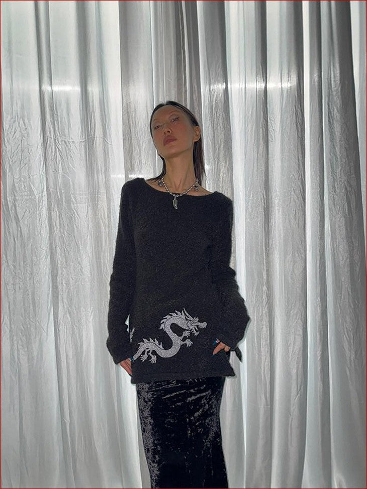 FOURFORTY Dragon Girl Pattern Off Shoulder Loop Knit Skin Friendly Women's Sweaters