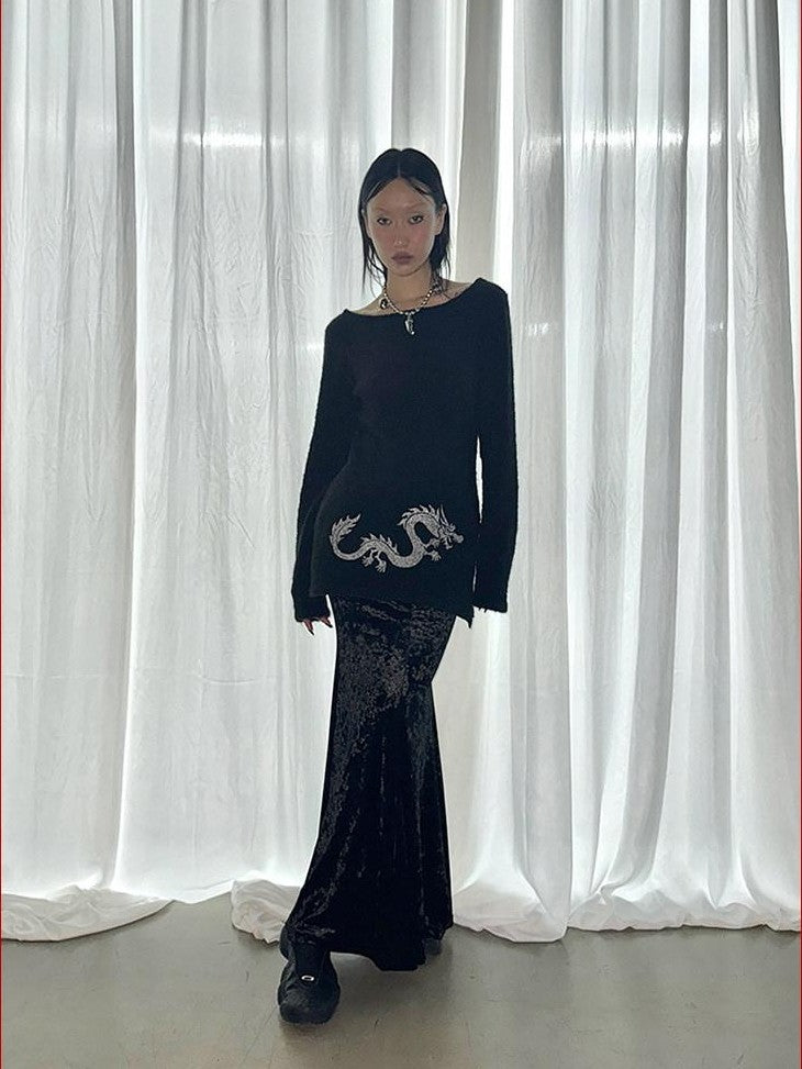 FOURFORTY Dragon Girl Pattern Off Shoulder Loop Knit Skin Friendly Women's Sweaters