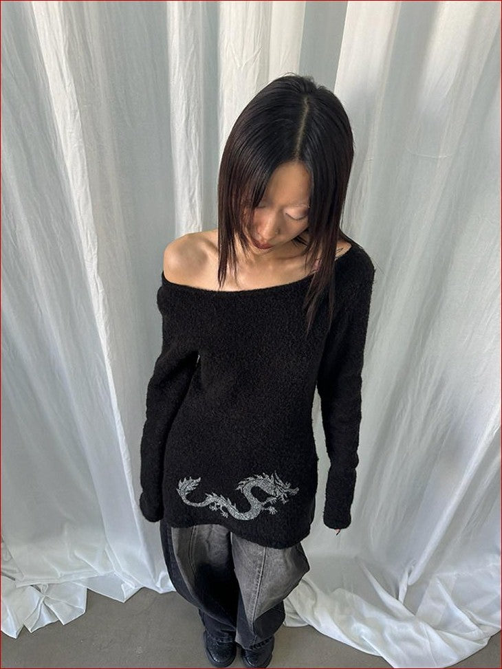 FOURFORTY Dragon Girl Pattern Off Shoulder Loop Knit Skin Friendly Women's Sweaters