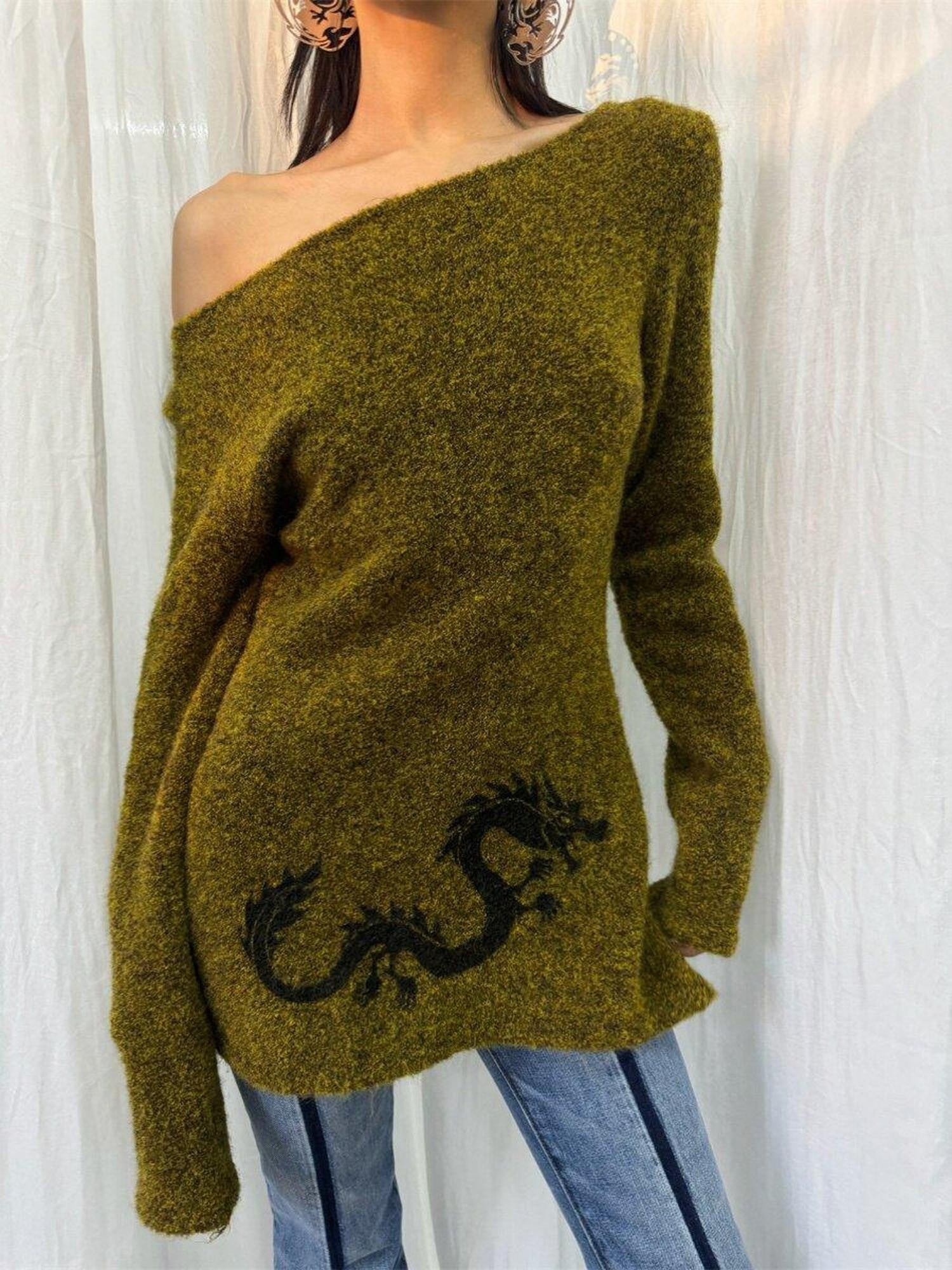 FOURFORTY Dragon Girl Pattern Off Shoulder Loop Knit Skin Friendly Women's Sweaters
