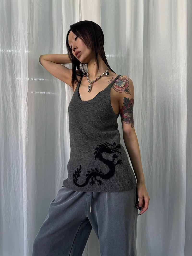 FOURFORTY_Dragon_Print_A_Line_Knit_Narrow_Straps_Women's_Polyester_Acrylic_Blend_Tank_Tops_752723171019_MISSTT