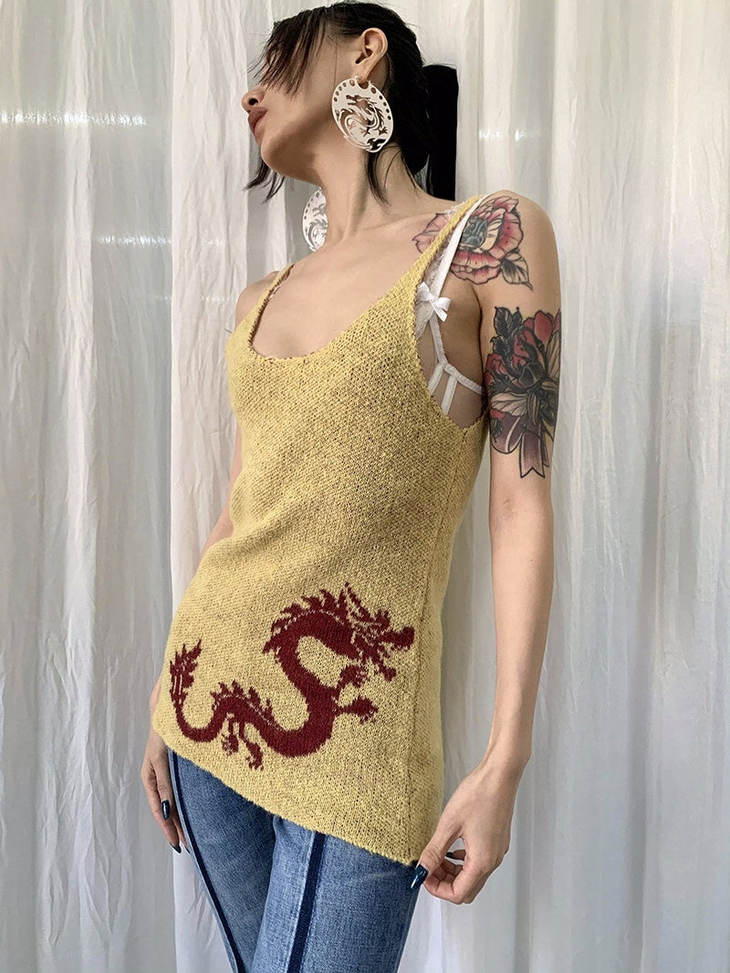 FOURFORTY_Dragon_Print_A_Line_Knit_Narrow_Straps_Women's_Polyester_Acrylic_Blend_Tank_Tops_752723171019_MISSTT